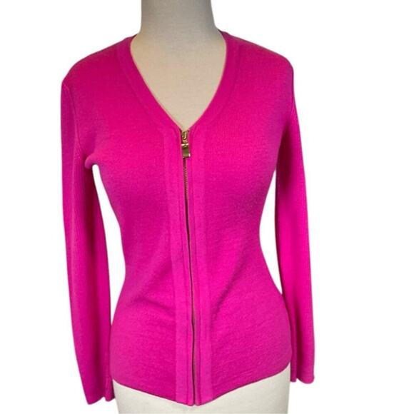 CLASSIQUES ENTIER Dark Pink 100% Wool Gold Full Zipper XS Long Sleeve Sweater - Picture 1 of 10